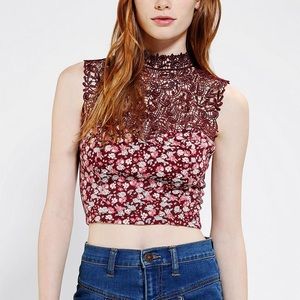 UO Sweetheart High Neck Floral Lace Crop Top
